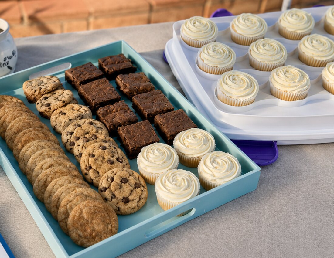 Trays of cookies and treats at a bake sale