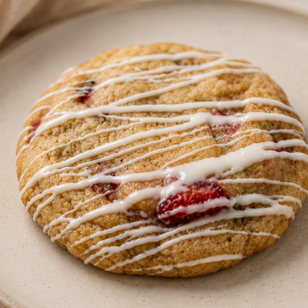 Strawberry cheesecake cookie with white chocolate drizzle