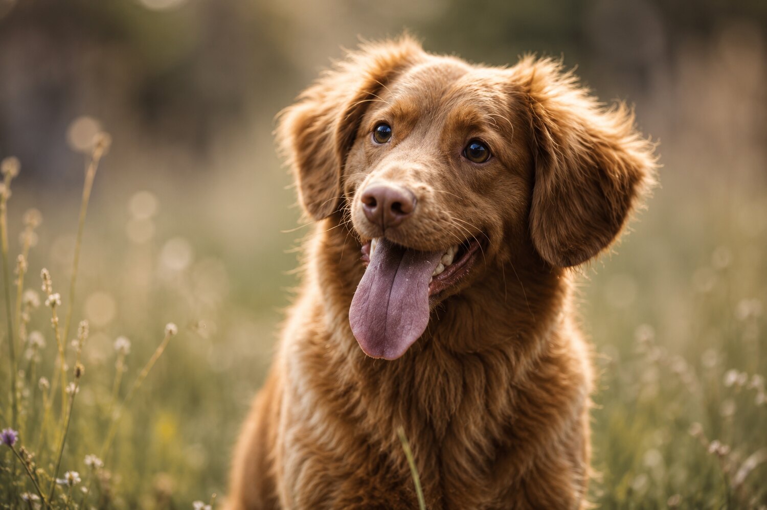 A happy rescue dog in a sunny field